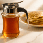 homemade pancake syrup without maple syrup in a glass syrup dispenser served with pancakes