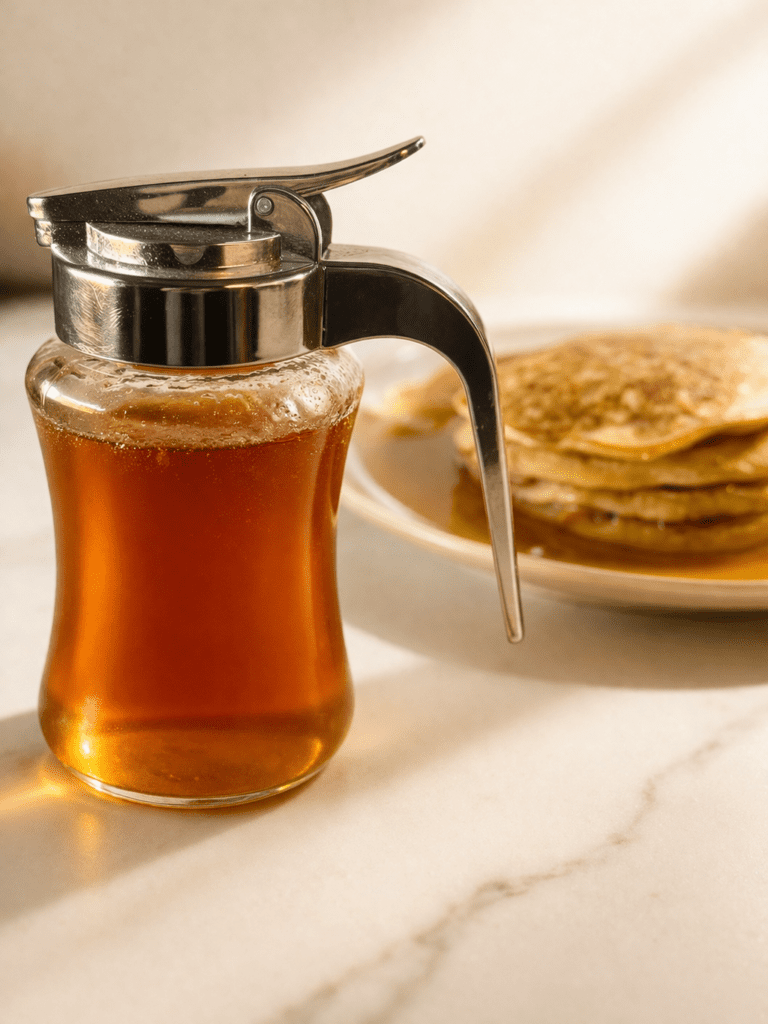 homemade pancake syrup without maple syrup in a glass syrup dispenser served with pancakes