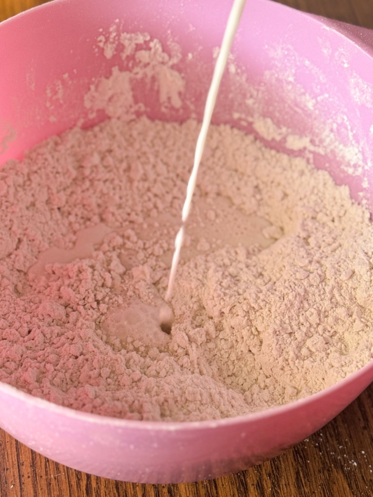 Milk being poured into flour mixture in a pink bowl to make homemade dumpling dough for chicken and dumplings.