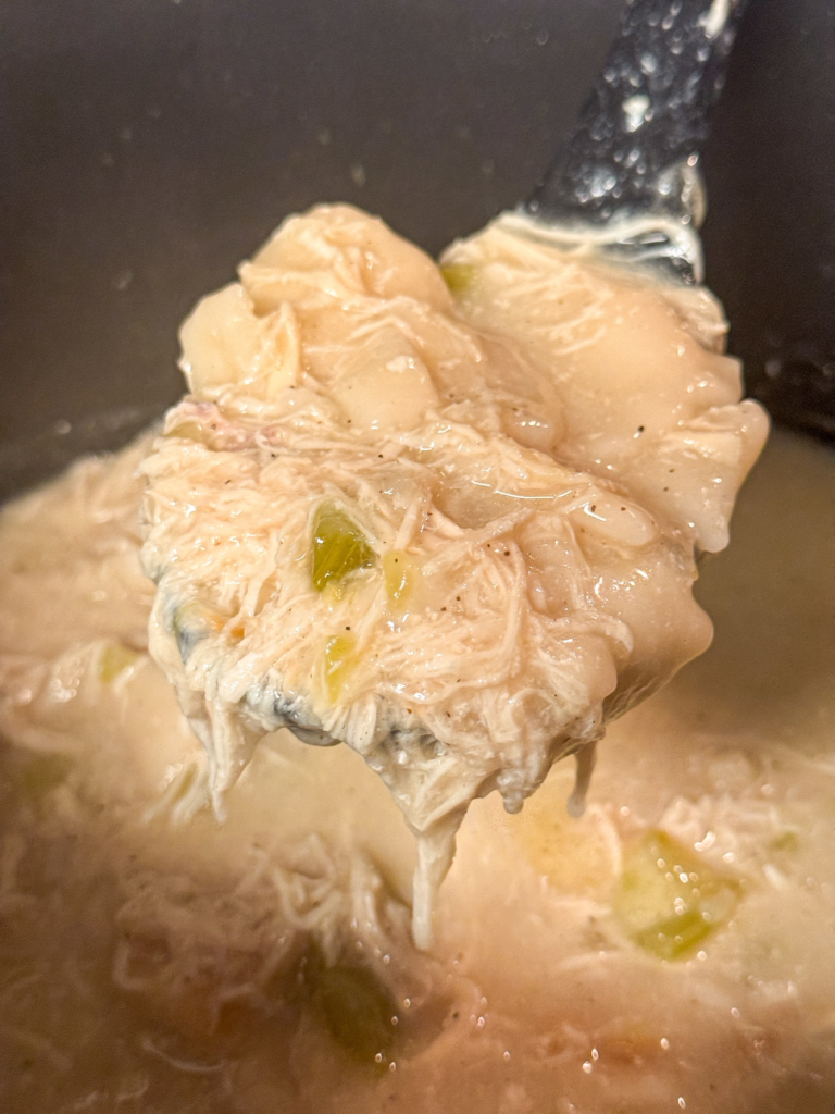 Spoon lifting homemade chicken and dumplings showing tender shredded chicken and soft dumplings in creamy broth.