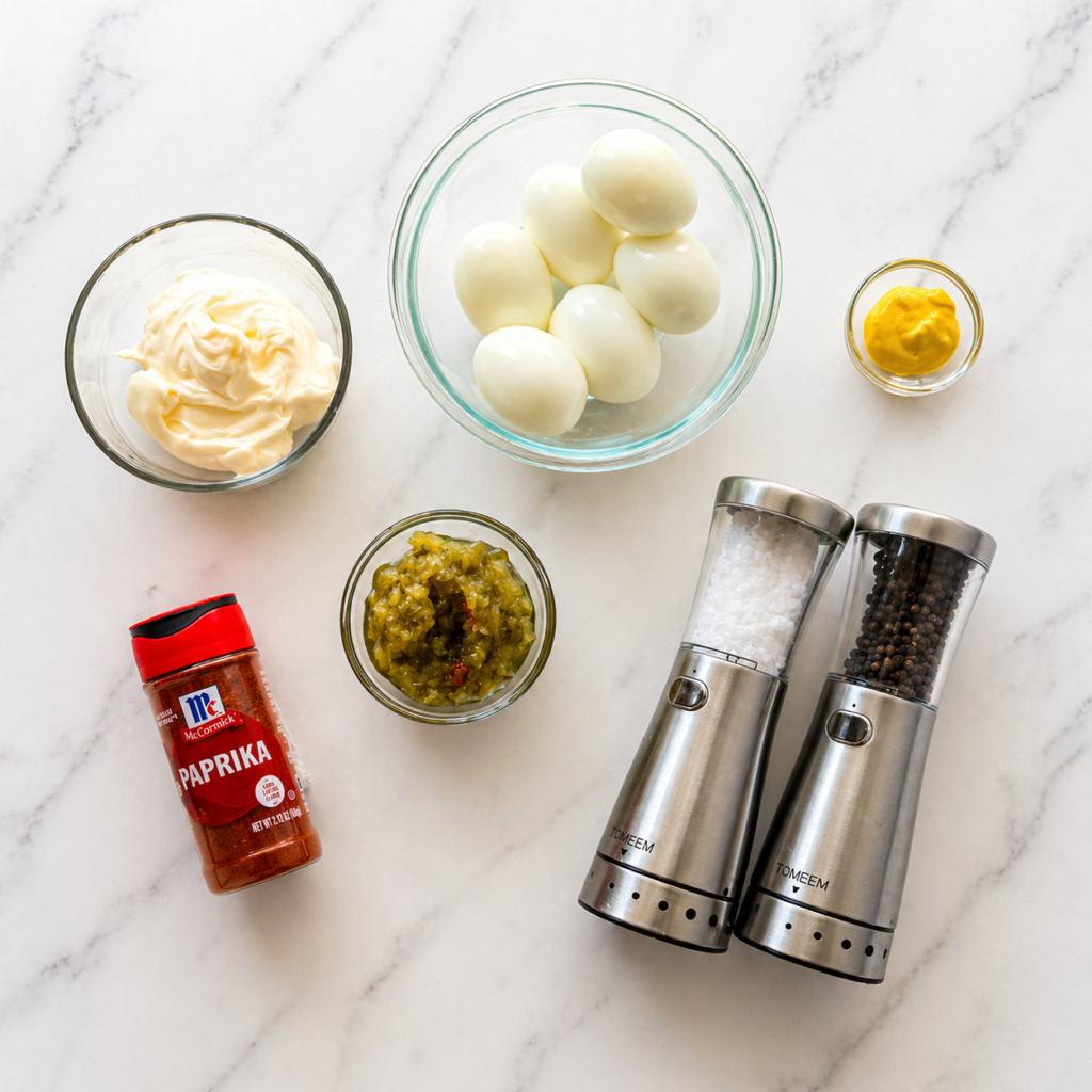 Ingredients for classic Southern deviled eggs with relish including eggs, mayonnaise, mustard, paprika, and sweet relish