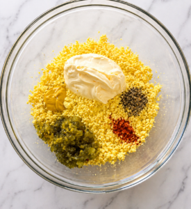 Deviled Eggs Filling Ingredients Before Mixing Egg yolks with mayonnaise, mustard, relish, and seasonings in a bowl before mixing for deviled eggs