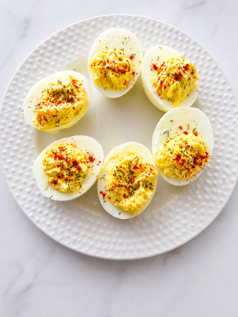 Classic Southern deviled eggs with relish and paprika on a white plate, creamy and homemade